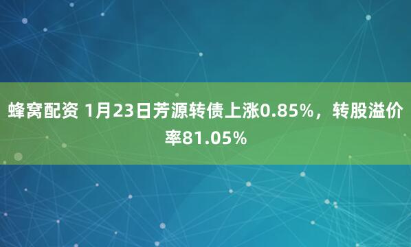 蜂窝配资 1月23日芳源转债上涨0.85%，转股溢价率81.05%